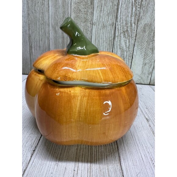 Vtg Ceramic Orange Pumpkin Jar with Lid 5" DIA Tien Hsing Int'l Trading Co. - Picture 3 of 12